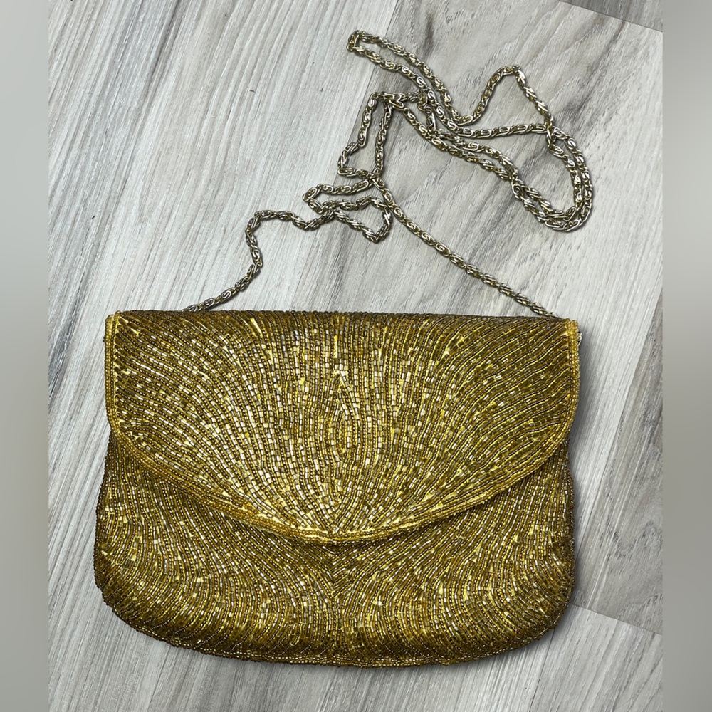 Delill 1950s Vintage Gold Hand Beaded Evening Clutch Purse with Chain